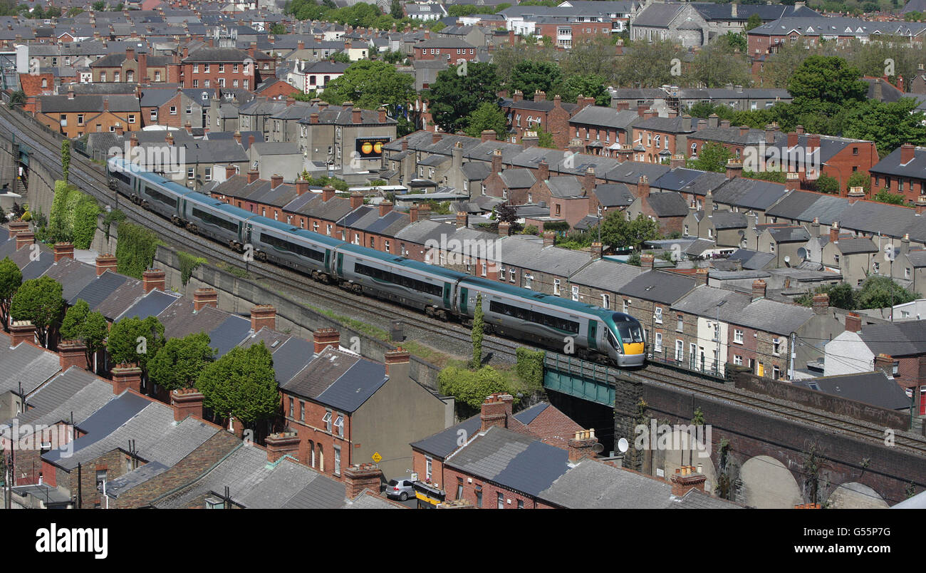A general view of an Irish Rail intercity train as seen from the Etihad Skyline viewing platform at Croke Park Stadium, Dublin. Stock Photo