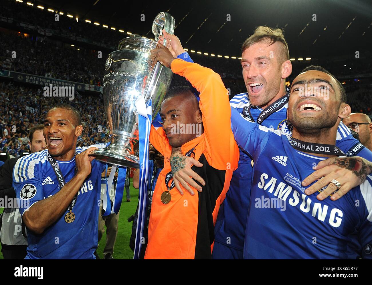 Chelsea's Florent Malouda, Salomon Kalou, Raul Meireles and Jose Bosingwa (left to right) celebrate with the UEFA Champions League trophy Stock Photo