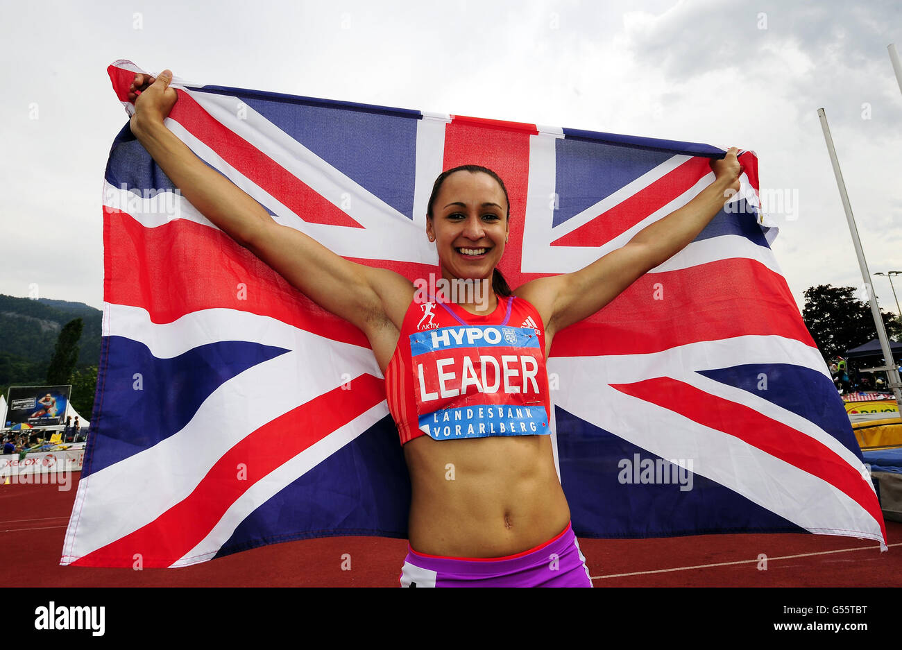 Great Britain's Jessica Ennis celebrates her victory in the Heptathlon during the 2012 Hypo-Meeting at the Mosle Stadium, Gotzis, Austria. Stock Photo