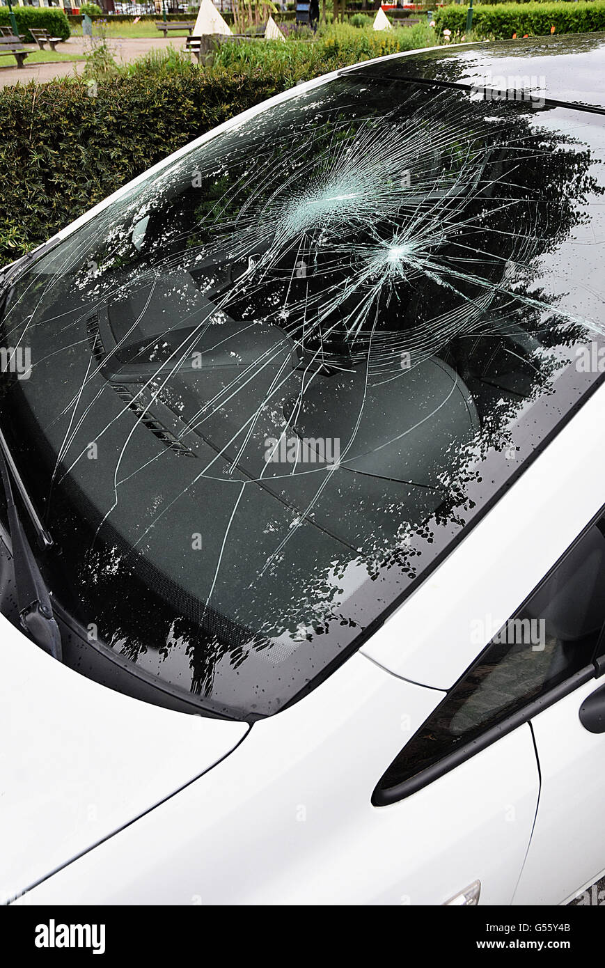 Broken Car Windshield from outside the car Stock Photo
