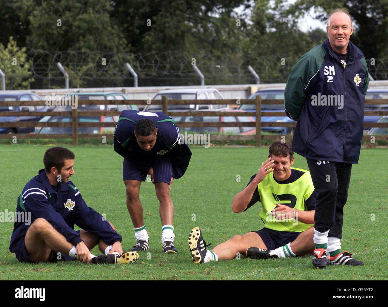 (L-R) Kevin Horlock, Jeff Whitley and Mark Williams relax after training with Northern Ireland manager Sammy McIlroy in Belfast. The team will take on Denmark in their World Cup qualifying match in Belfast on Saturday October 7. Stock Photo