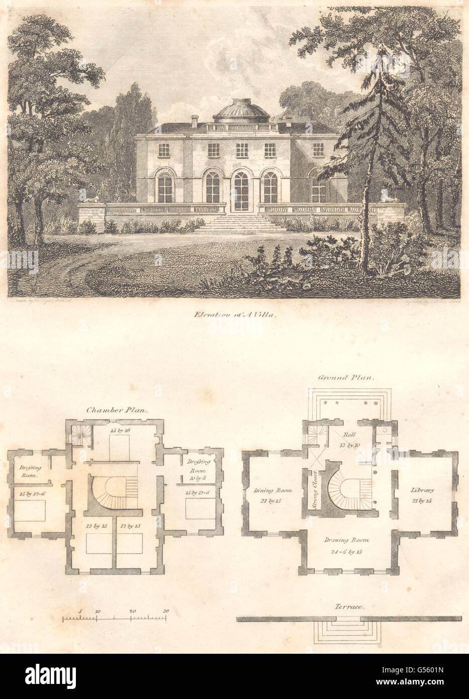 CIVIL ARCHITECTURE: Elevation and plan of a Villa. (Oxford Encyclopaedia), 1830 Stock Photo