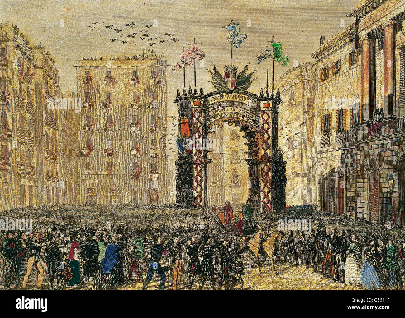 Spain. Catalonia. Barcelona. Juan Prim y Prats (1814-1870). Spanish military and politician. Amazing reception after the Hispano-Moroccan War (1859-1860) with a triumphal arch in the Saint James square on September 8, 1860. Colored engraving. 19th century. Stock Photo