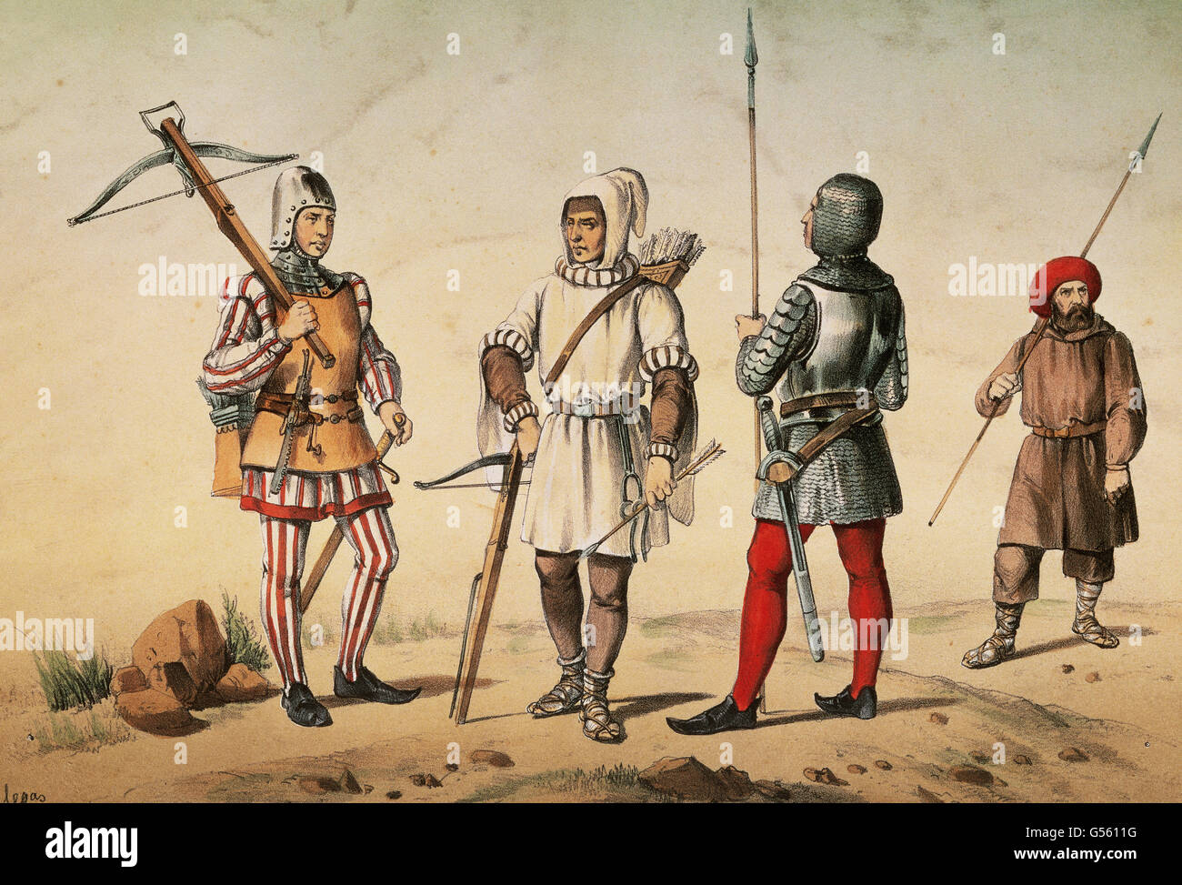Spanish warriors. Middle Ages. 15th century. Armed retinue's crossbowmen of city and mountains of Leon and armed retinue's lancers of city and the Basque Country. Litography by Villegas. Stock Photo