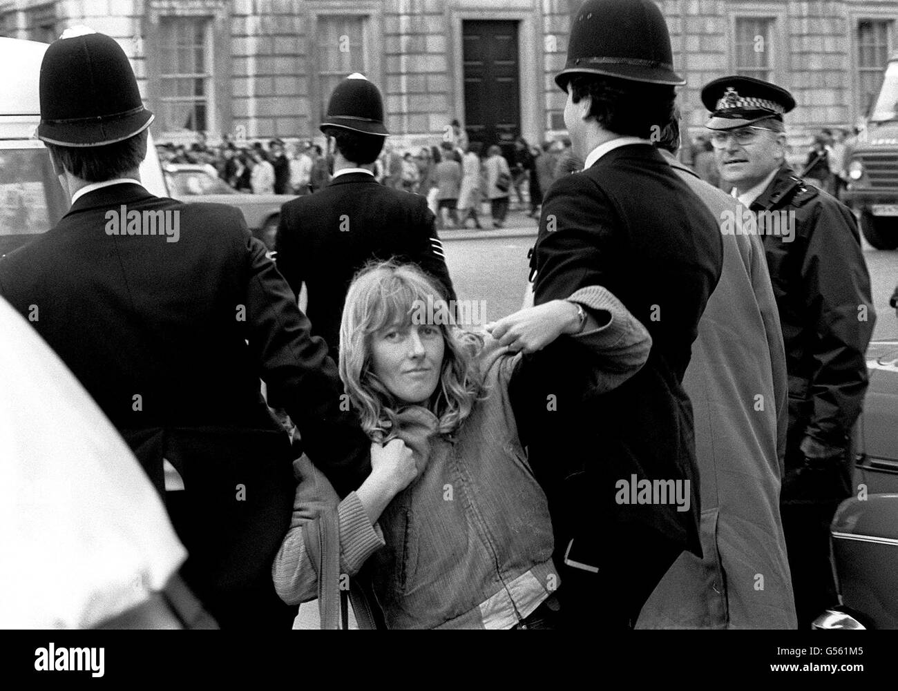 One of the many members of the Animal Rights Movement, is removed by police  from Downing Street, London. The movement were keen to highlight the  alleged Goverment failure to give any protection