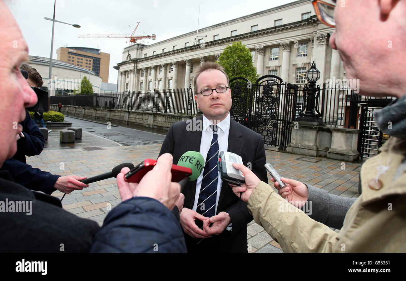 Northern Ireland Attorney General John Larkin speaking outside Belfast ...