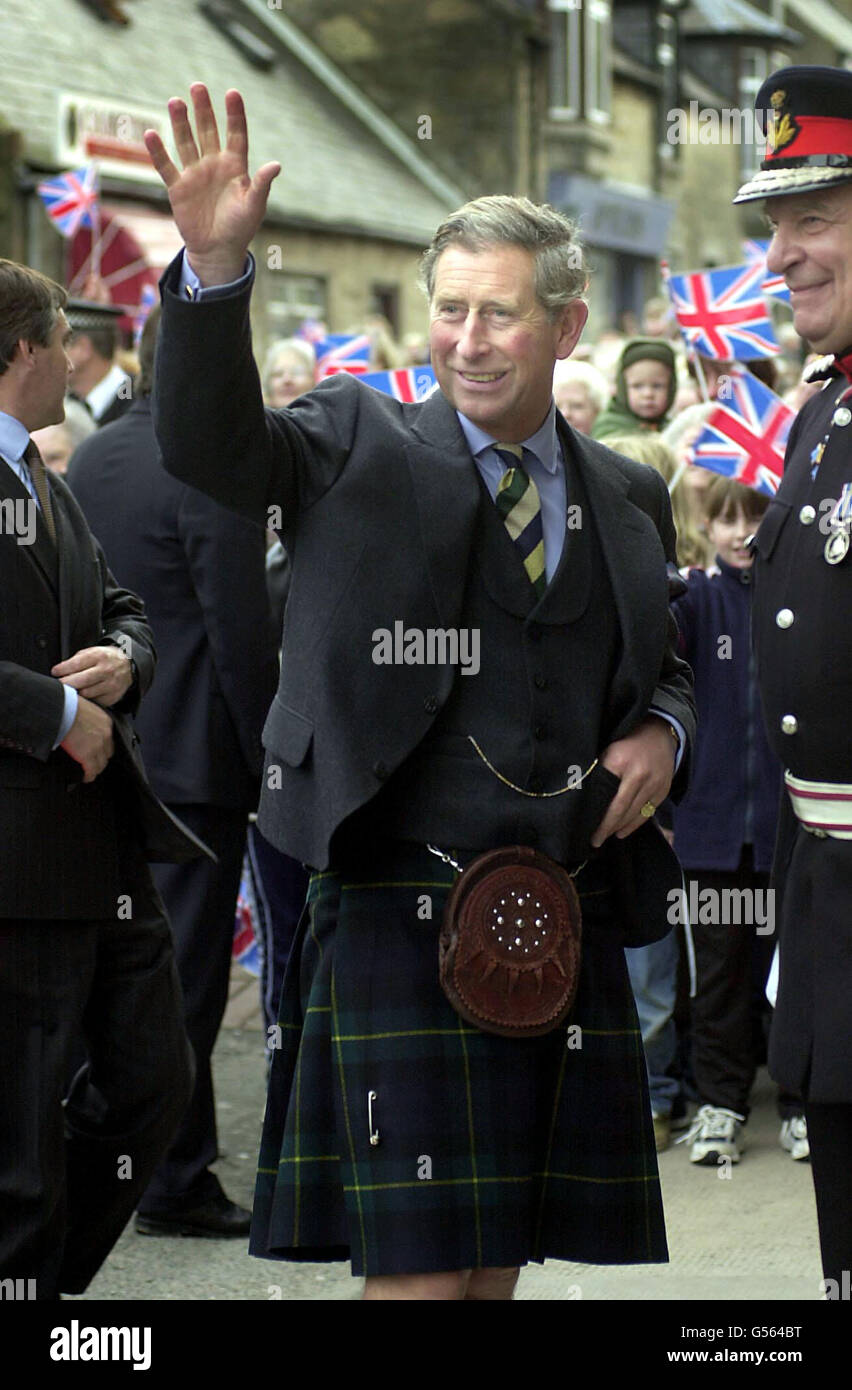 Prince Charles arrives at the Scottish Tartans Museum in Keith, Scotland. He met members of Scotland's only kilt school and received an ancient Stewart Tartan kilt from the people of Keith. Stock Photo