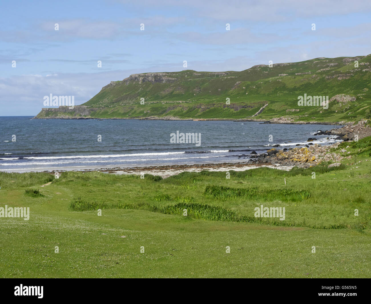 View of machair, beach and coastline, Calgary Bay, Isle of Mull, Inner Hebrides, Scotland, July Stock Photo