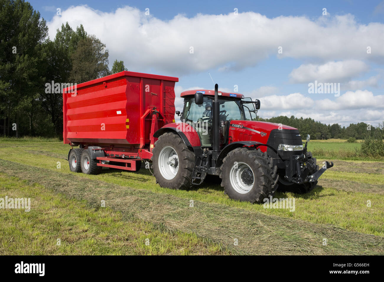 Case IH Puma 225 CVX tractor with wagon, in silage field during harvest, Sweden, August Stock Photo