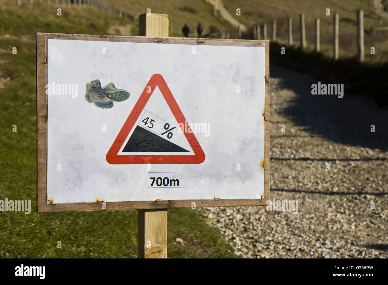 Sign on coastal footpath warning of 45 degree gradient for walkers, near Durdle Door, Dorset, England, January Stock Photo