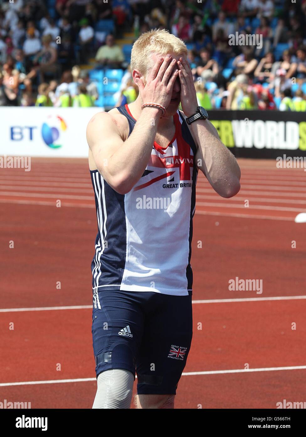 Sport - 2012 BT Paralympic World Cup - Day One - Manchester Regional Arena. Great Britain's Jonathan Peacock reacts after winning the T42/43/44 men's 100m Stock Photo
