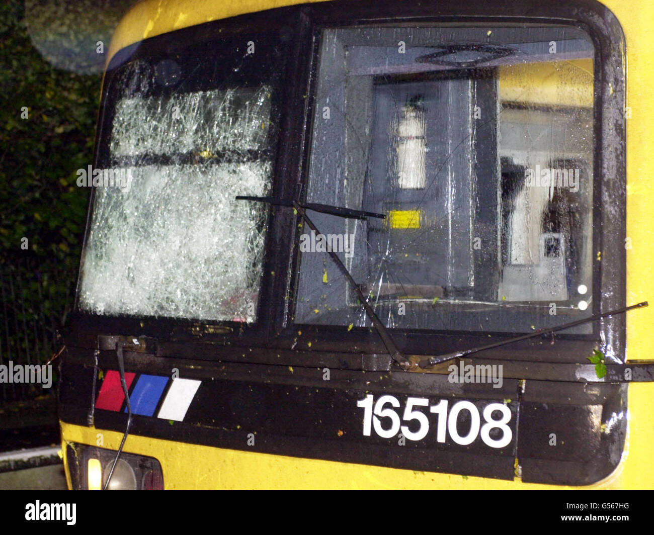 The damaged train cab at Chilworth Station, near Guildford, after it hit a tree which had been blown across the track further down the line at Tangley level crossing. The driver and passengers were unhurt in the incident. Stock Photo