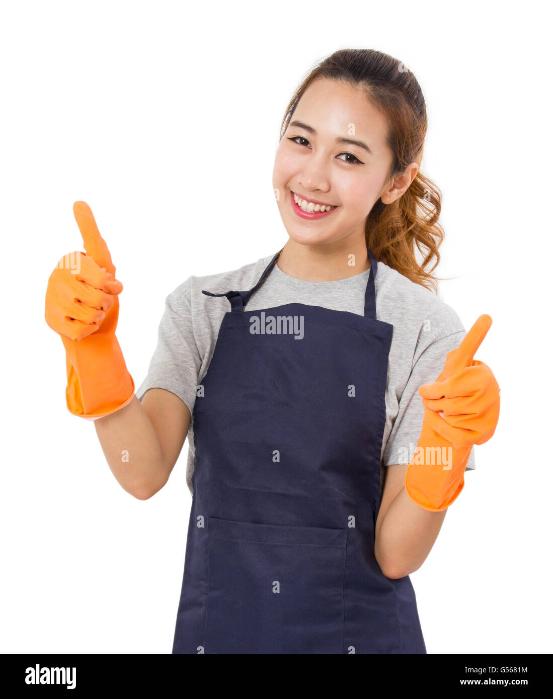 Smiling Asian Woman Wearing Rubber Gloves Giving Thumbs Up On a White ...