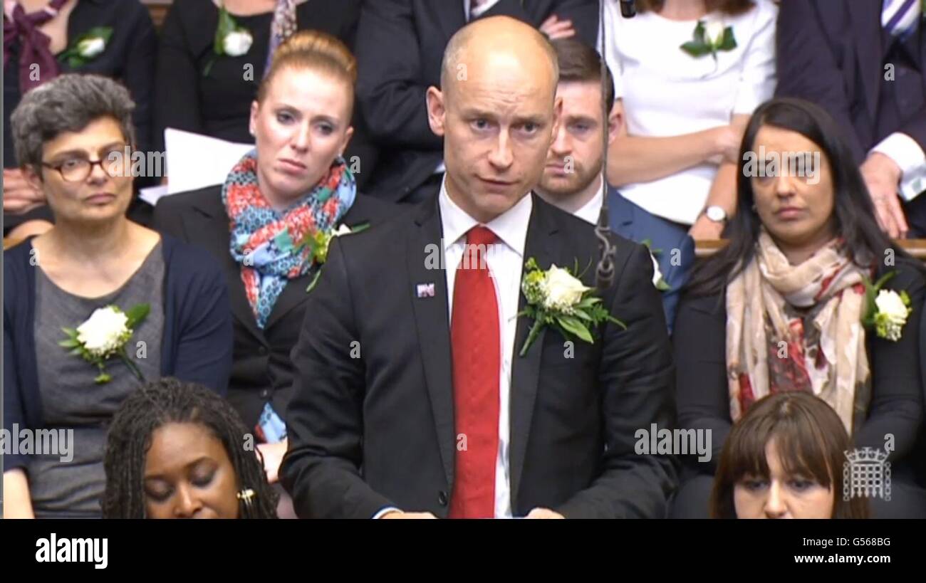 Labour MP Stephen Kinnock speaks in the House of Commons, London, as MPs gather to pay tribute to Labour MP Jo Cox. Stock Photo
