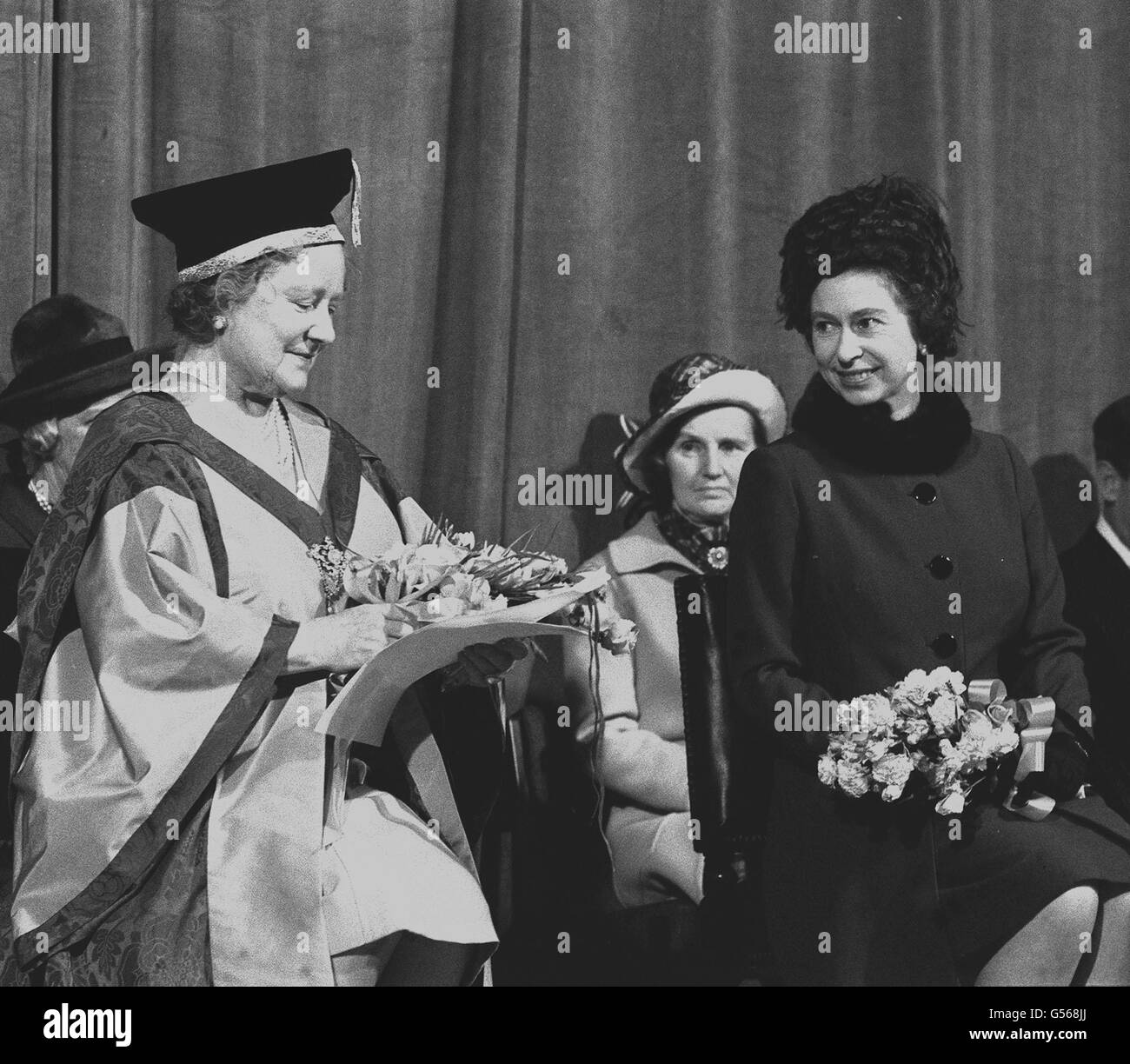 The Queen Mother at the Royal College of Music, South Kensington, when she received the honorary degree of Doctor of Music from the Queen. Stock Photo
