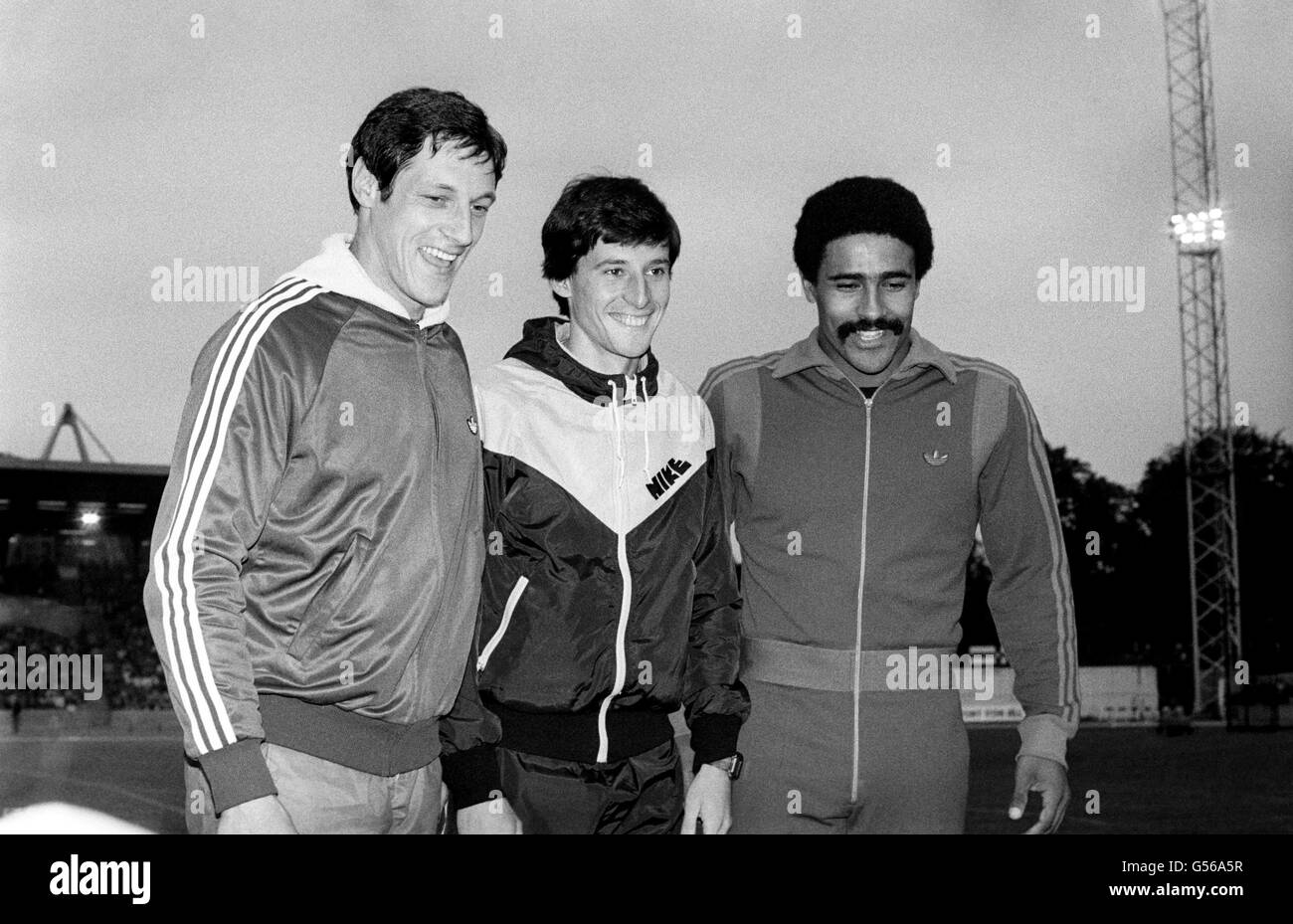 British gold medalists from the Moscow Olympic Games, left to right, Alan Wells, Sebastian Coe and Daley Thompson at Crystal Palace Stock Photo