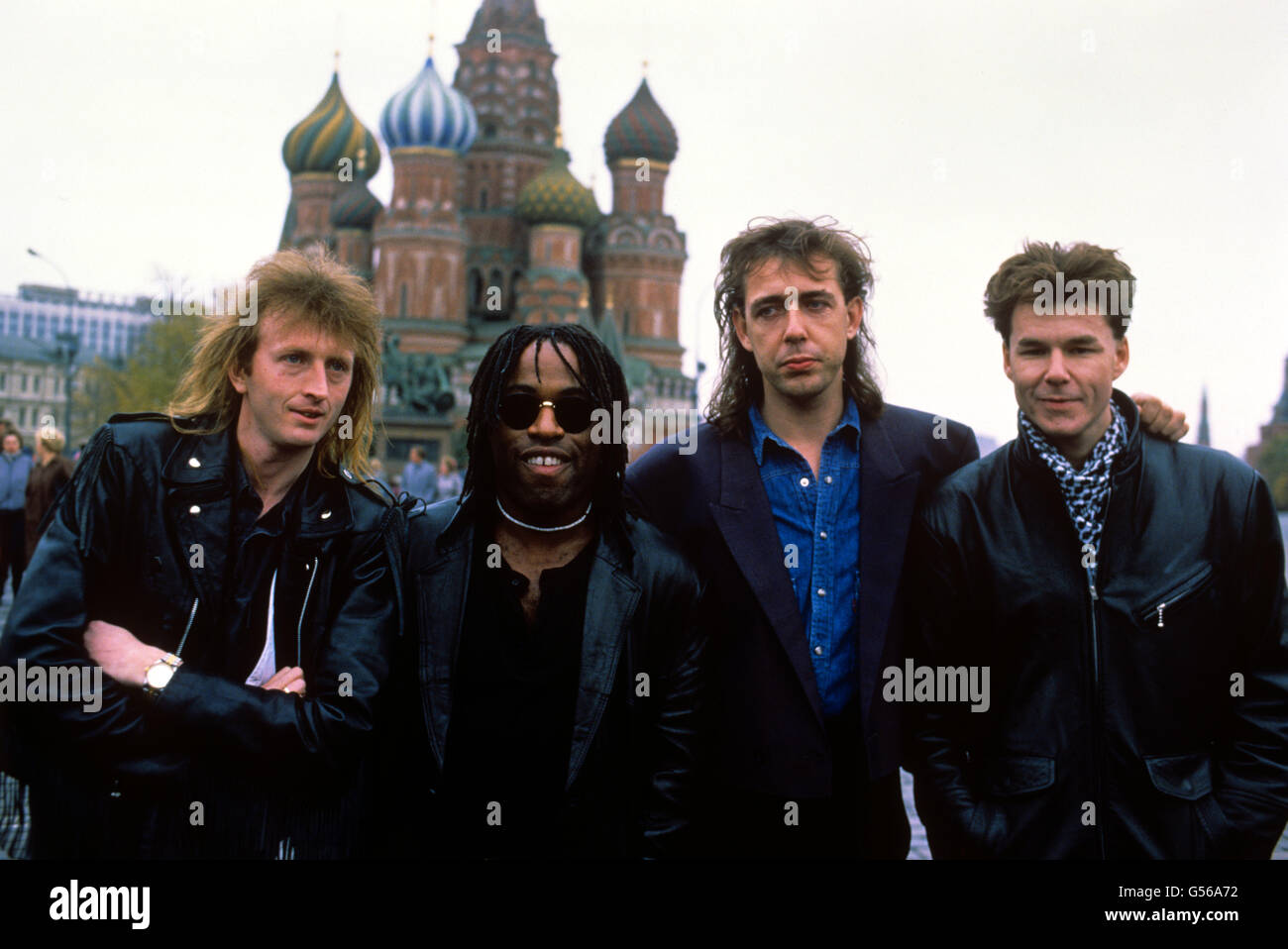 Scottish rock group Big Country in Moscow, USSR, where they gave a concert at the Palace of Sports Ice Rink. Left to right; Mark Brzezicki, Tony Butler, Stuart Adamson and Bruce Watson. Stock Photo