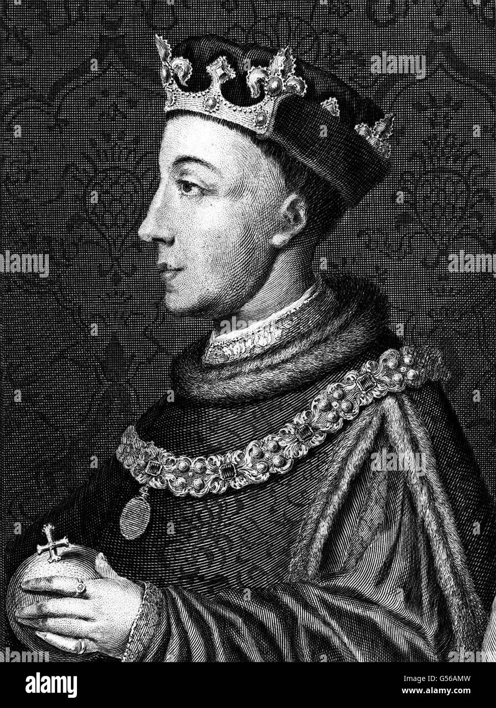 KING HENRY V : A portrait of King Henry V (Henry of Monmouth), King of England 1413-1422. Henry (1387-1422) was the son of King Henry IV. A notable warrior Prince and King, Henry is most famous for his defeat of the French army at the Battle of Agincourt in 1415. Stock Photo