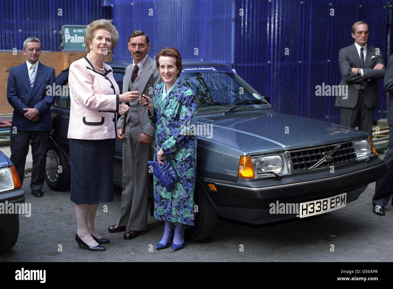 Prime Minister of the United Kingdom Margaret Thatcher presents car keys for a new Volvo to a