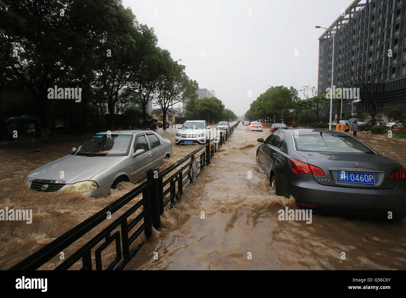 Huzhou, China's Zhejiang Province. 20th June, 2016. Vehicles run on a waterlogged road in Huzhou, east China's Zhejiang Province, June 20, 2016. Torrential rain hit the city Sunday evening, causing waterlogging in downtown areas. The daily precipitation set a new record with 227.2 millimeters by 6 p.m. Monday. Credit:  Zhang Jian/Xinhua/Alamy Live News Stock Photo