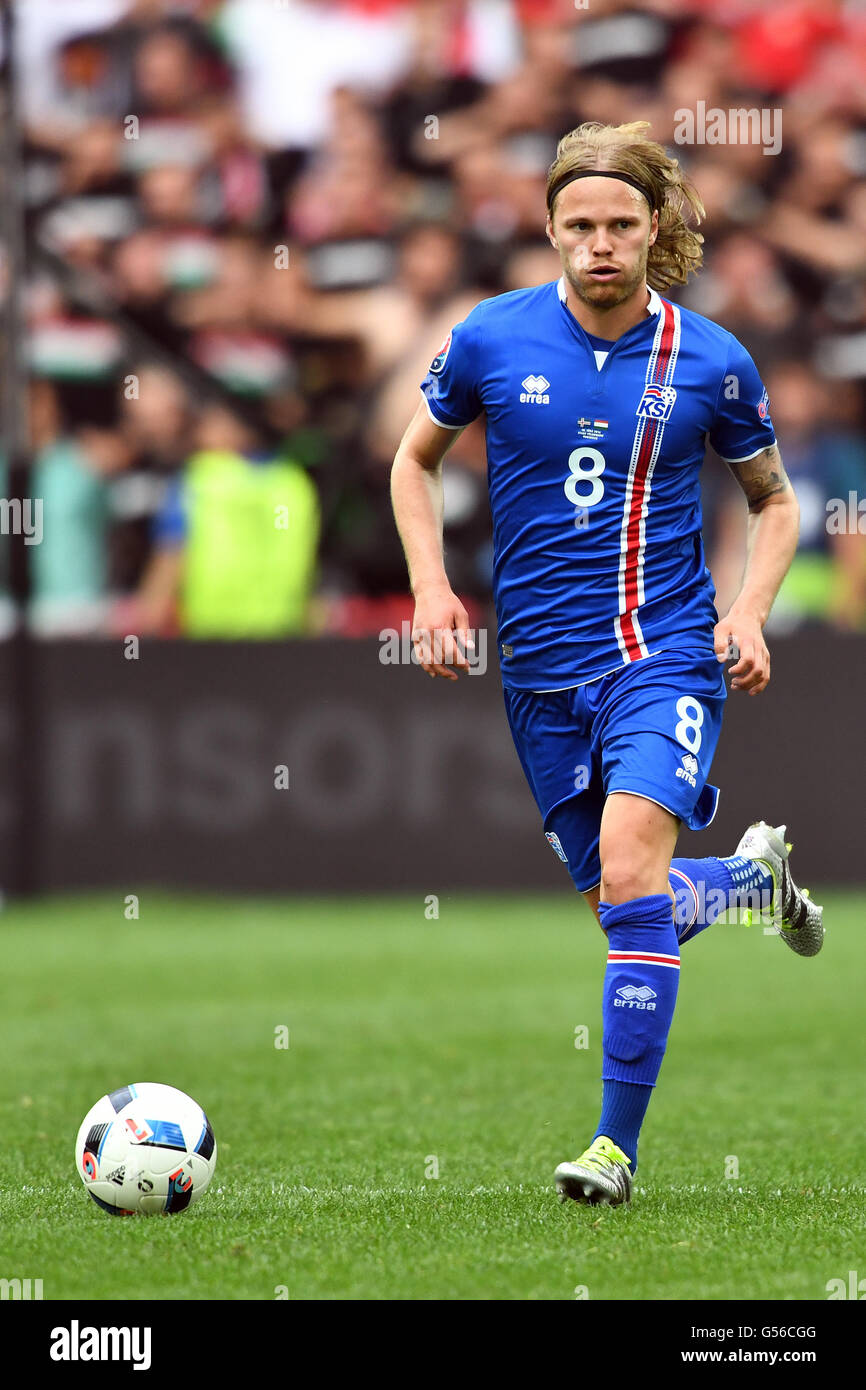 Marseille, France. 18th June, 2016. Birkir Bjarnason of Iceland in action during the UEFA EURO 2016 Group F soccer match between Iceland and Hungary at the Stade Velodrome in Marseille, France, June 18, 2016. Photo: Federico Gambarini/dpa/Alamy Live News Stock Photo