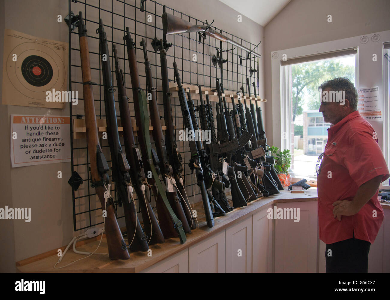 Falls Church, VA, June 19, 2016, USA--A gun owner looks at a collection of rifles and assault weapon in Virginia.    Patsy Lynch Stock Photo