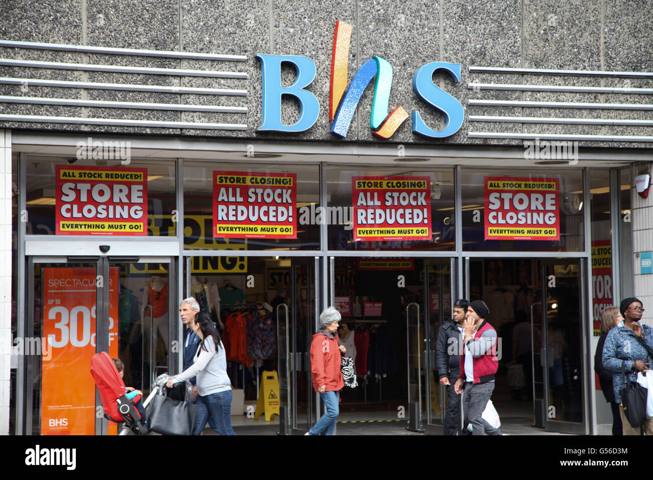 Wood Green, London, UK. 20th June, 2016. The BHS  (British Home Stores) store in Wood Green is closing down with all stock reduced sign displays on the shop window, after the group went into administration. Credit:  Dinendra Haria/Alamy Live News Stock Photo