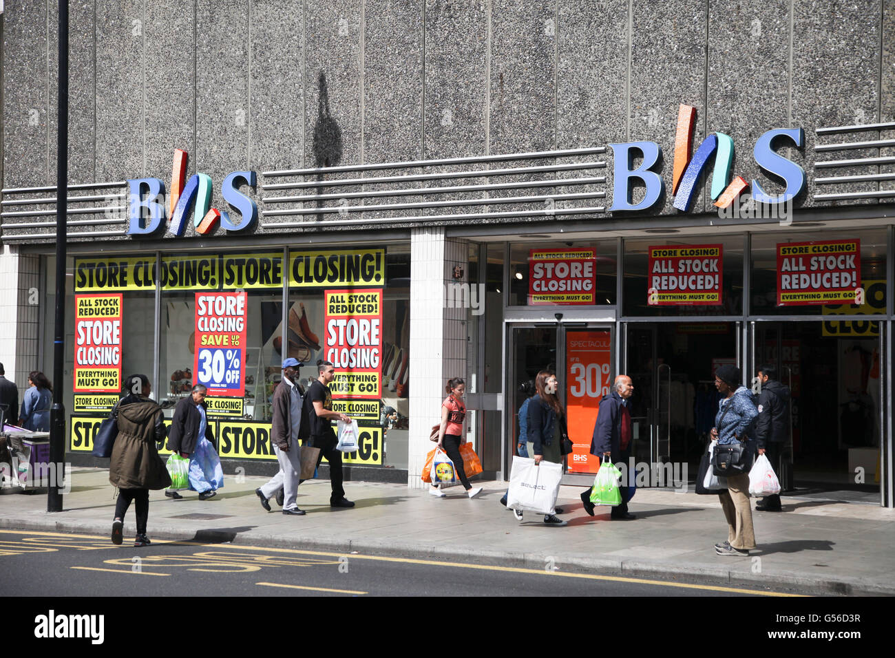 Wood Green, London, UK. 20th June, 2016. The BHS  (British Home Stores) store in Wood Green is closing down with all stock reduced sign displays on the shop window, after the group went into administration. Credit:  Dinendra Haria/Alamy Live News Stock Photo