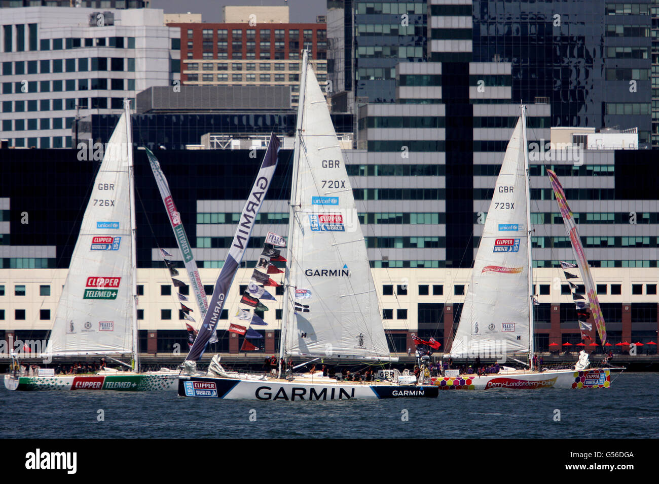 New York, United States. 20th June, 2016. Clipper Round the World ships circle each other as they parade their sails in New York's Hudson River before heading to open sea to begin the first of three races in the final Atlantic Homecoming leg of the event to London. Credit:  Adam Stoltman/Alamy Live News Stock Photo