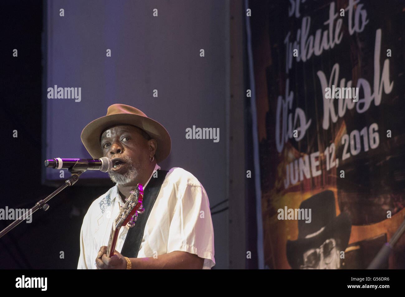 Chicago, IL, USA. 12th June, 2016. The 33rd annual Chicago Blue's Festival from June 10-12 had a stellar line-up this year. The Festival gave tribute to legendary blues guitarist Otis Rush. On Sunday night, Otis Rush appeared on stage, along with Chicago Mayor Rahm Emanuel who declared June 12th as Otis Rush Day in Chicago. The Festival culminated with music played by Otis's friends and other notable musicians who influenced his career. Pictured: Lurrie Bell © Karen I. Hirsch/ZUMA Wire/Alamy Live News Stock Photo