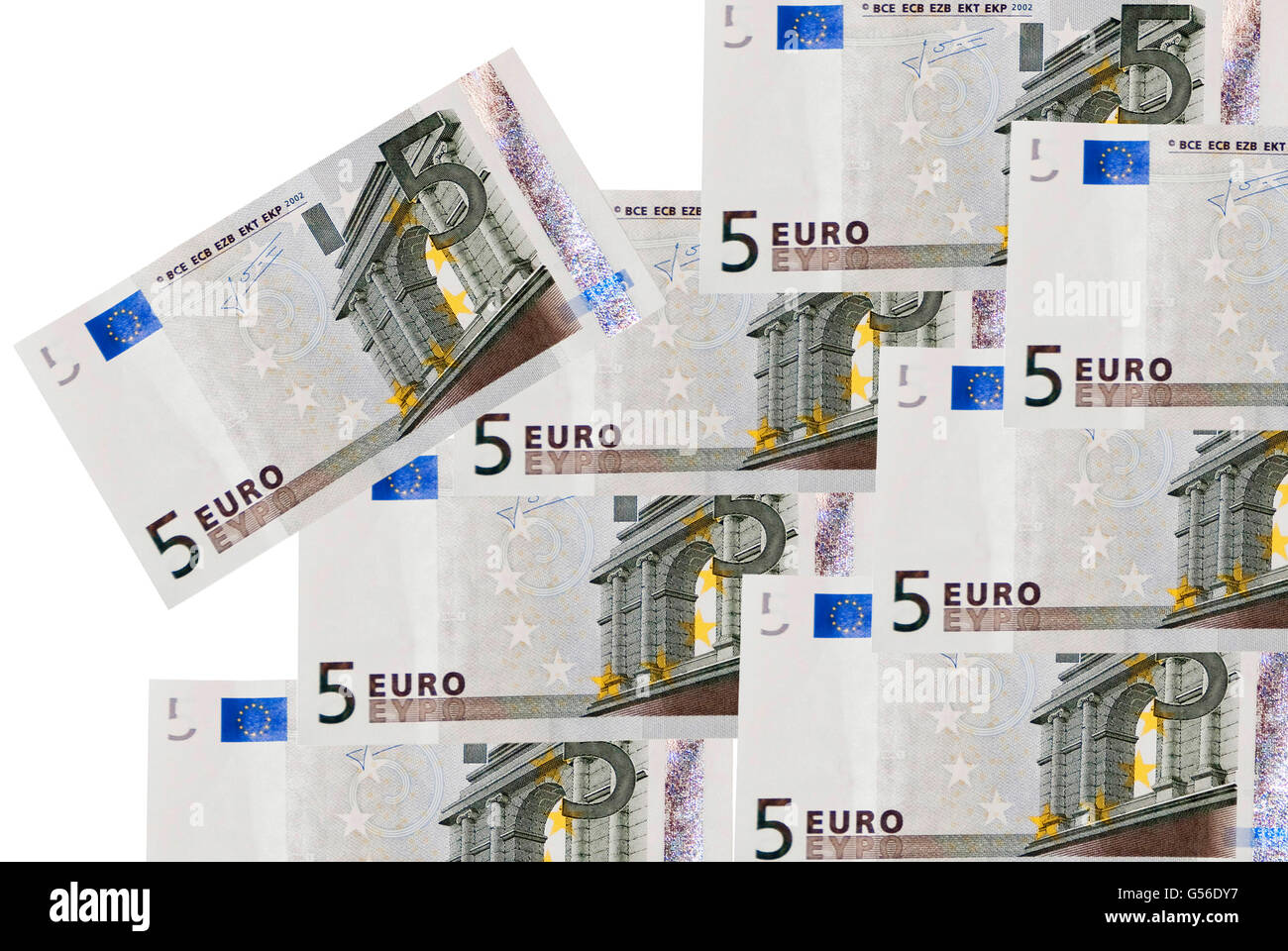 Five euro banknotes, Billetes de cinco euros Stock Photo