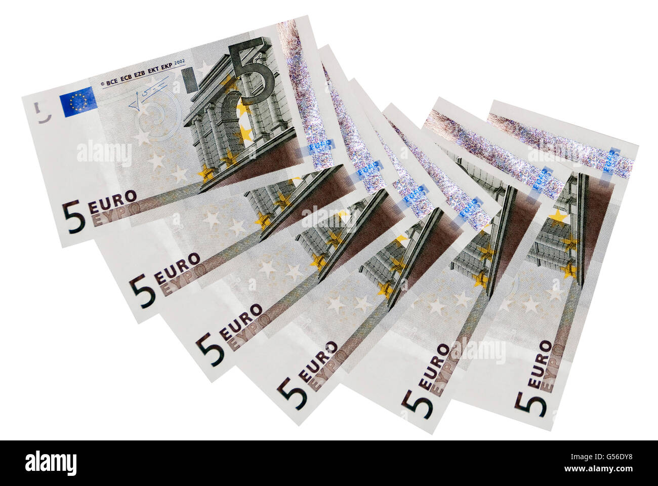 five euro banknotes,Billetes de cinco euros Stock Photo