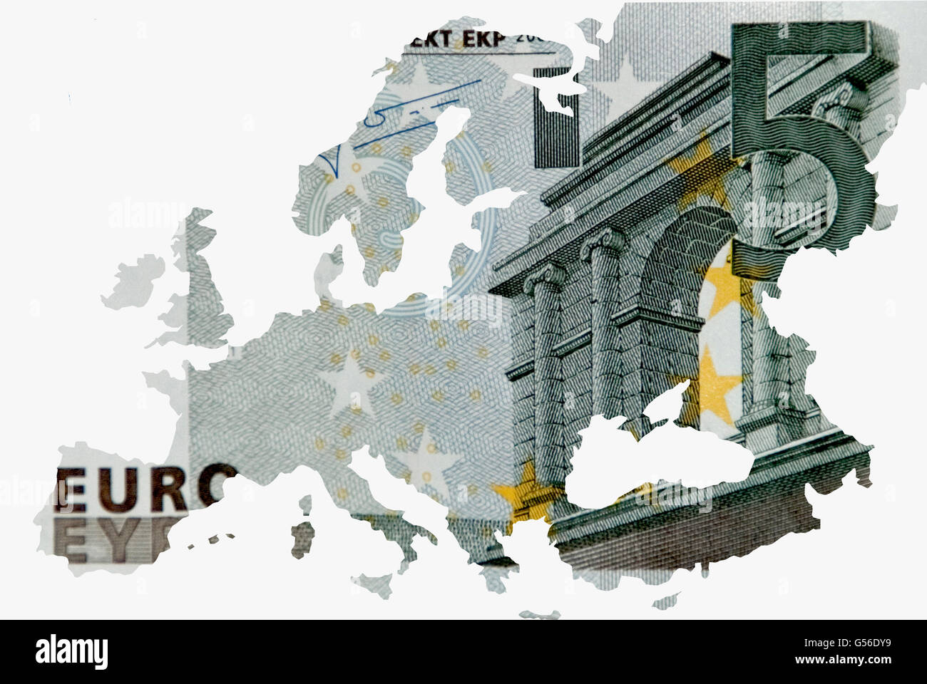 Eirope map, five euro banknotes, Europa, billete de cinco euros Stock Photo