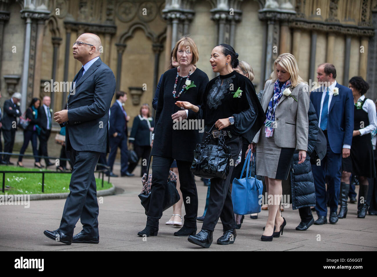 London, UK. 20th June, 2016. Harriet Harman MP and Baroness King of Bow arrive at St Margarets Church in Westminster, together with other MPs and Members of the House of Lords, for a special service in memory of Jo Cox. Attendees wore white roses. Jo Cox was killed in her constituency of Batley and Spen on 16th June. Credit:  Mark Kerrison/Alamy Live News Stock Photo