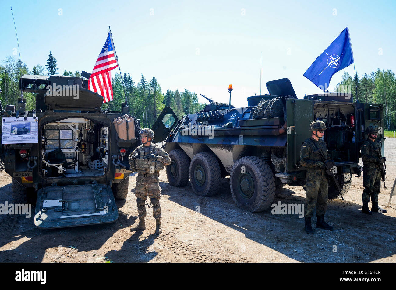 Tapa. 20th June, 2016. US Army and German army soldiers attend the Saber Strike military exercise at Central pylon in Tapa, Estonia on June 20, 2016. Saber Strike is an annual U.S.-led exercise of land and air forces. © Sergei Stepanov/Xinhua/Alamy Live News Stock Photo