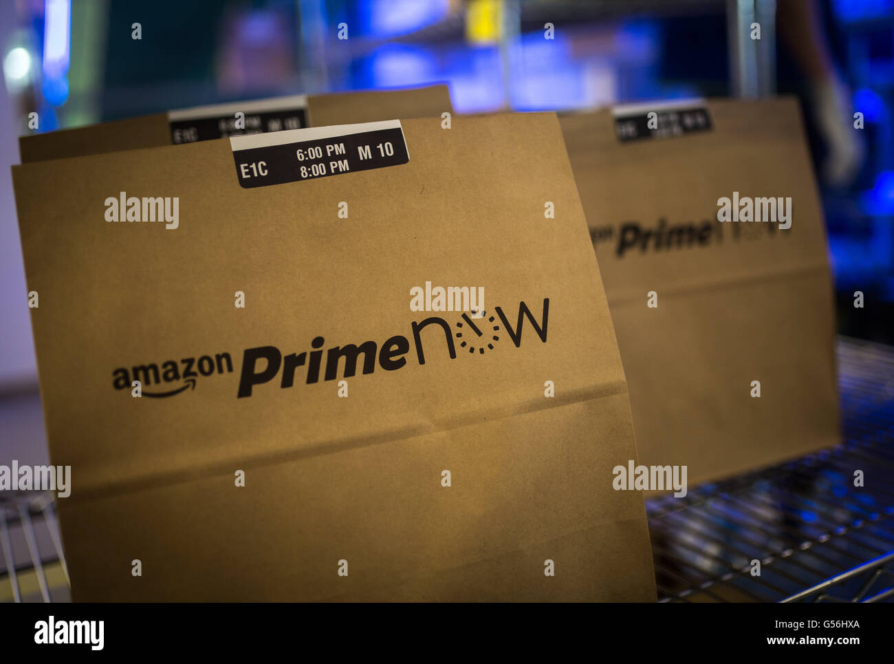 Bags ready to be shipped can be seen in the Amazon Prime Now warehouse