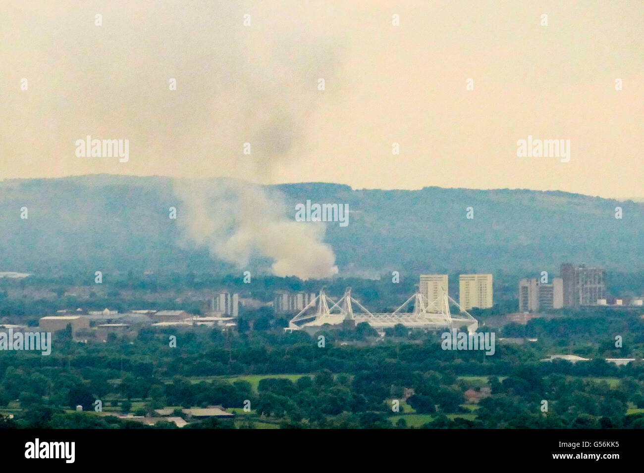 Preston, UK. 21st June 2016. A major fire at Whitfire shavings,Preston. Can been seen over 10 miles away on Beacon fell in the Forest of Bowland.  10 fire crews have been tackling the blaze this morning. Some homes nearby have been evacuated.copyright. Gary Telford/Alamy live news Stock Photo
