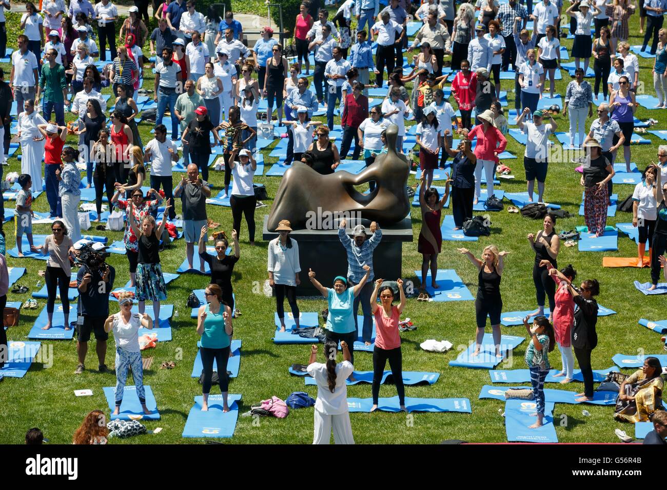 United Nations. 11th Dec, 2014. People attend the celebration of the 2016 International Day of Yoga at the United Nations headquarters in New York, June 21, 2016. This is the second annual celebration of the International Day of Yoga at the United Nations. On Dec. 11, 2014, the UN General Assembly proclaimed in its resolution June 21 as International Yoga Day. © Li Muzi/Xinhua/Alamy Live News Stock Photo