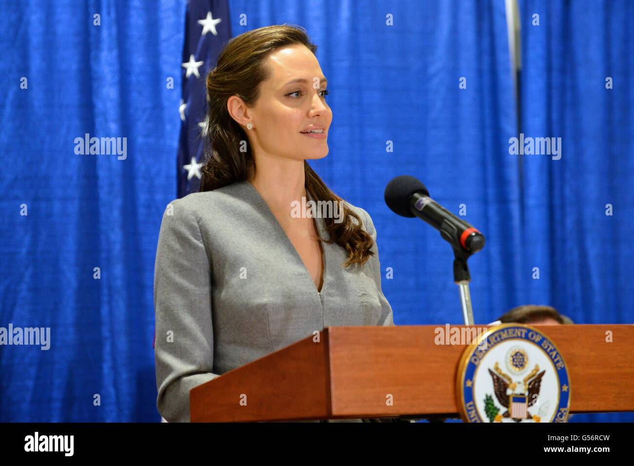 UNHCR Special Envoy Angelina Jolie Pitt addresses the audience at an interfaith Iftar reception to mark World Refugee Day at the All Dulles Area Muslim Society June 20, 2016 in Sterling, Virginia. Stock Photo