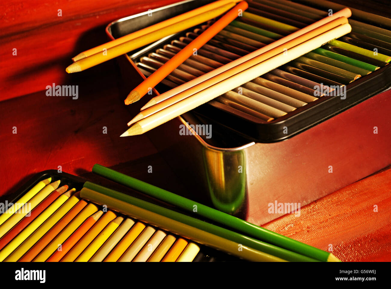 Photograph of a box of wood color pencils Stock Photo