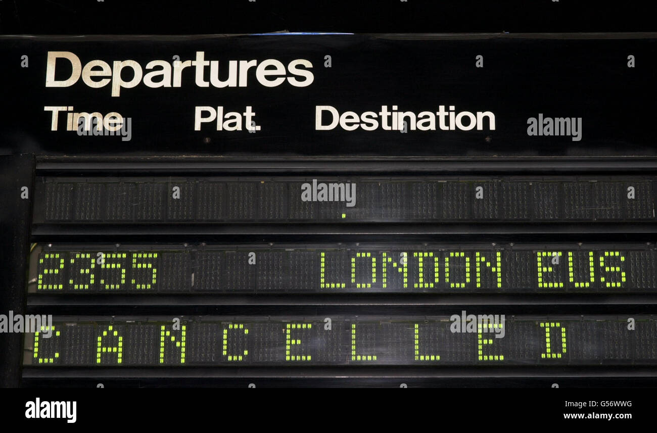 The departures sign at Glasgow Central station showing the cancelled ...