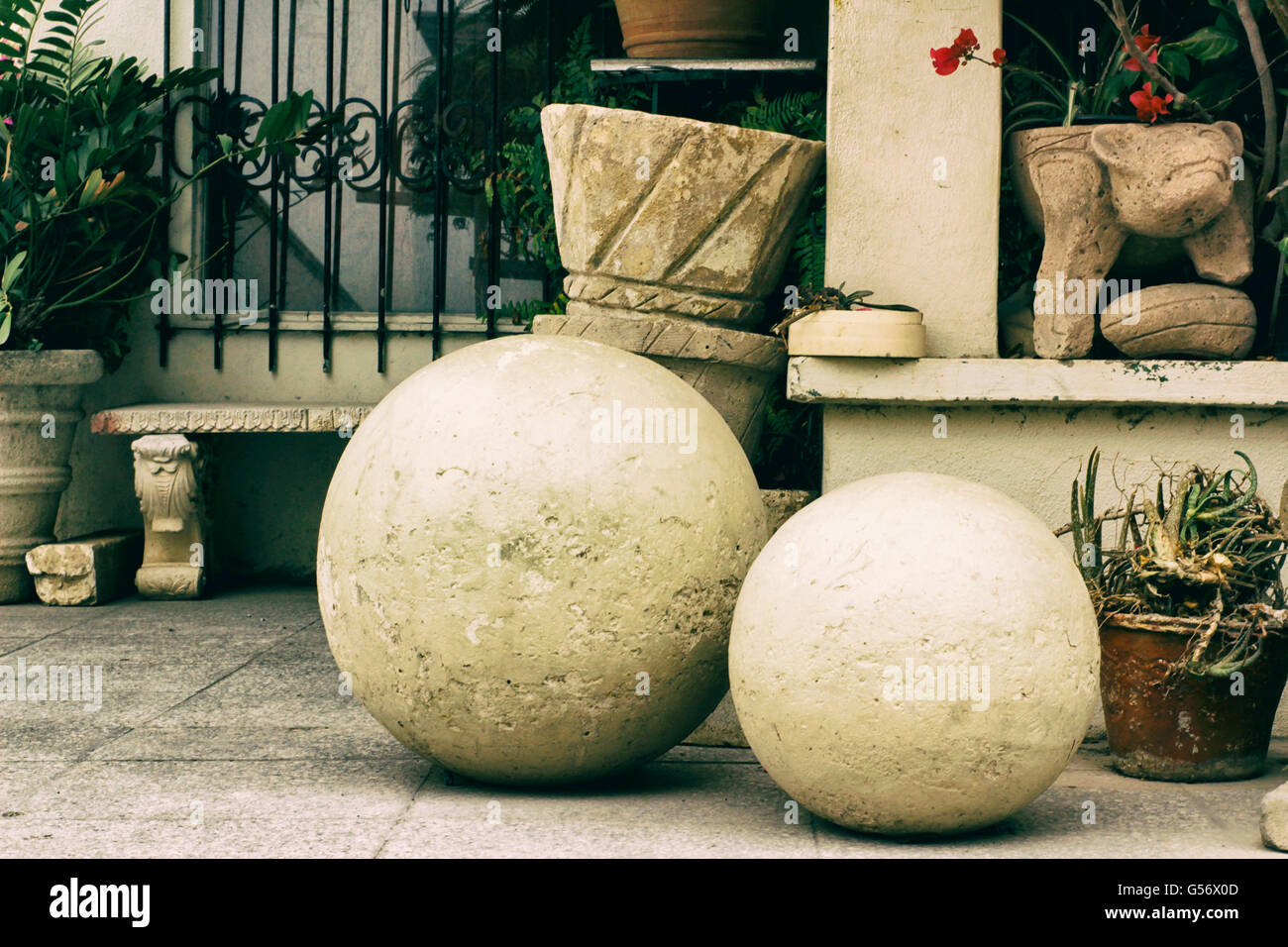 Photograph of a pair of stone decoration spheres Stock Photo