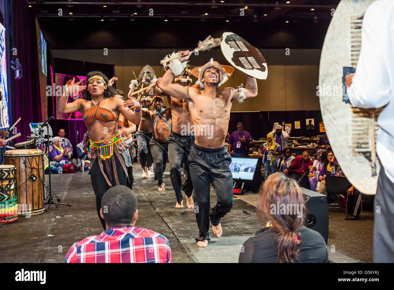 Detroit, Michigan - Step Afrika!, a step dance ensemble, performs at the Service Employees International Union convention. Stock Photo