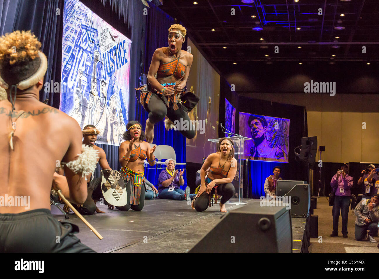 Detroit, Michigan - Step Afrika!, a step dance ensemble, performs at the Service Employees International Union convention. Stock Photo