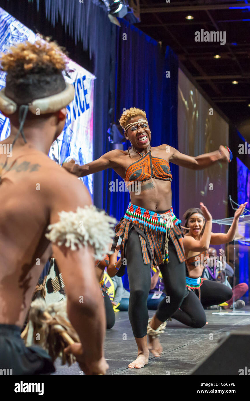 Detroit, Michigan - Step Afrika!, a step dance ensemble, performs at the Service Employees International Union convention. Stock Photo