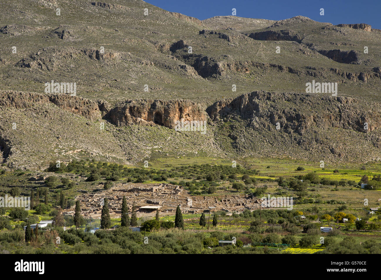 View of countryside and ancient minoan ruins, Kato Zakros, Crete, Greece, April Stock Photo