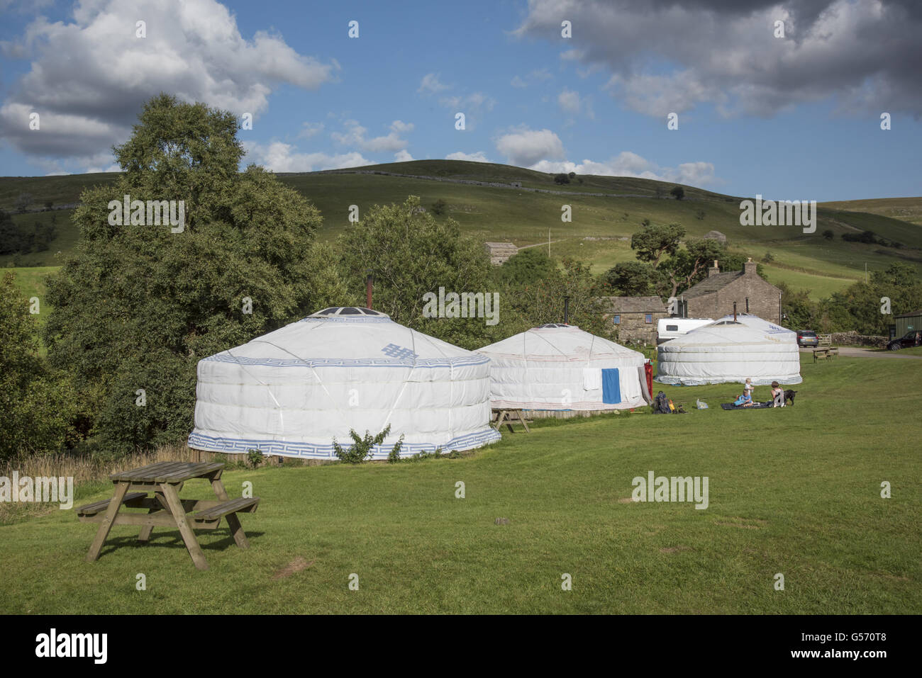 Yurts at campsite, Keld, Swaledale, Yorkshire Dales N.P., North Yorkshire, England, September Stock Photo