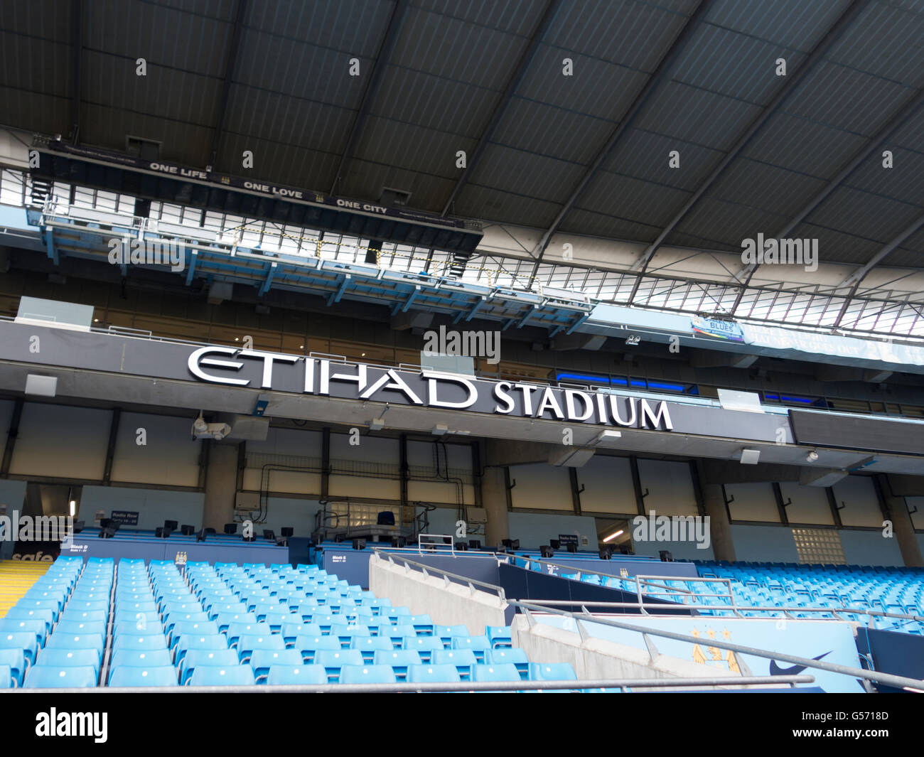 Seats inside Etihad Stadium Manchester CIty Football Club UK Stock Photo