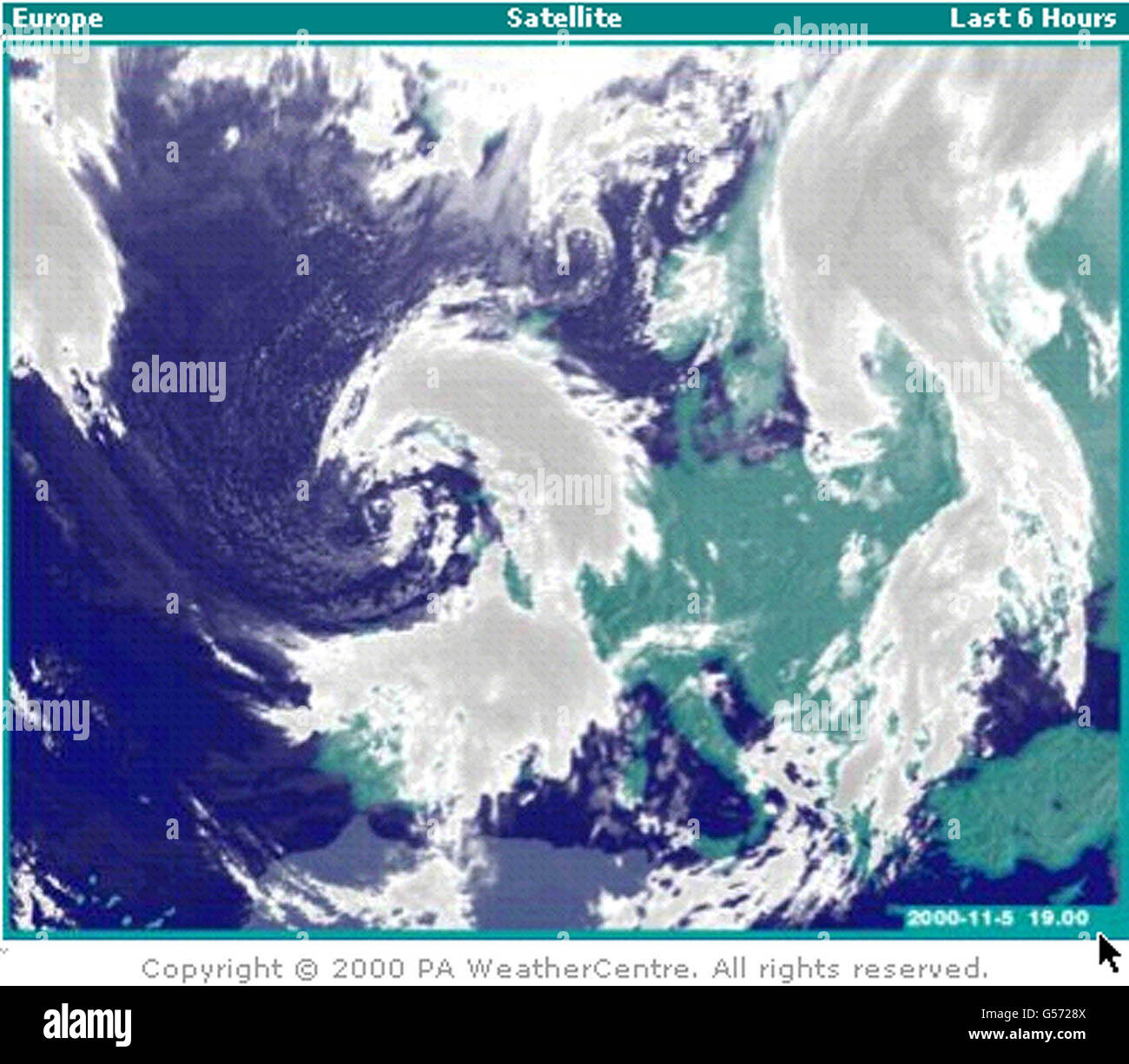 Meteorological map marking the massive depression sweeping in from the Atlantic. Britain was bracing itself for stormy weather again, winds gusting up to 60mph are expected to hit the south coast later and a further two inches of rain are expected to fall. *... after a brief respite from the floods. York and Gloucester escaped flooding overnight as water levels peaked without breaching defences. Stock Photo