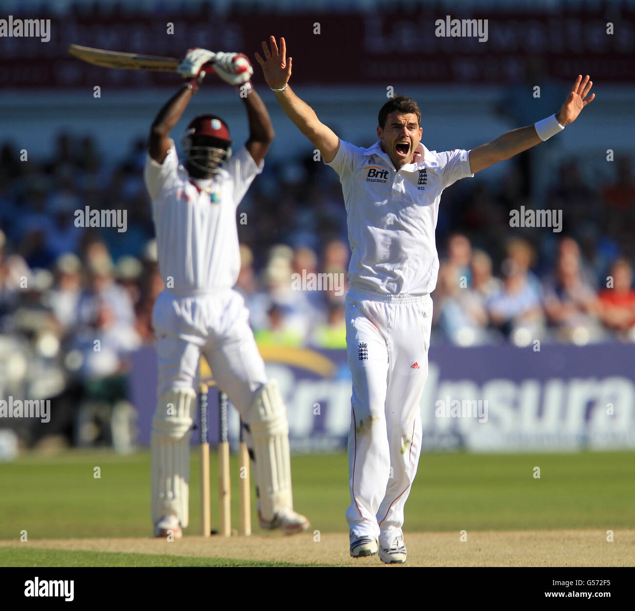 England's James Anderton appeals for the wicket of the wicket of West Indies' Darren Sammy Stock Photo